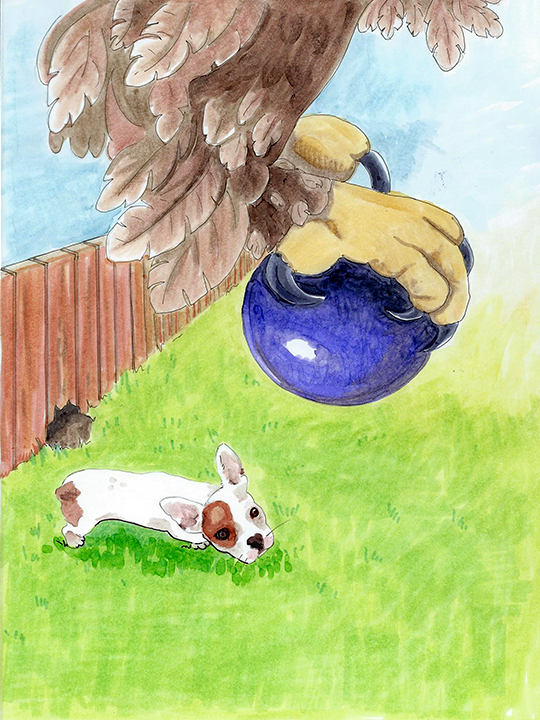 artmarker illustration of a bird flying away with a puppy's ball