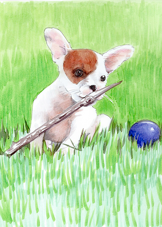 artmarker drawing of a a puppy chewing on a stick
